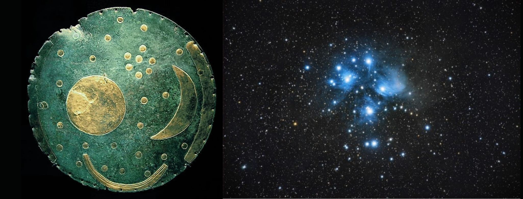 Nebra Sky Disc and Astronomy photo both showing the Pleiades